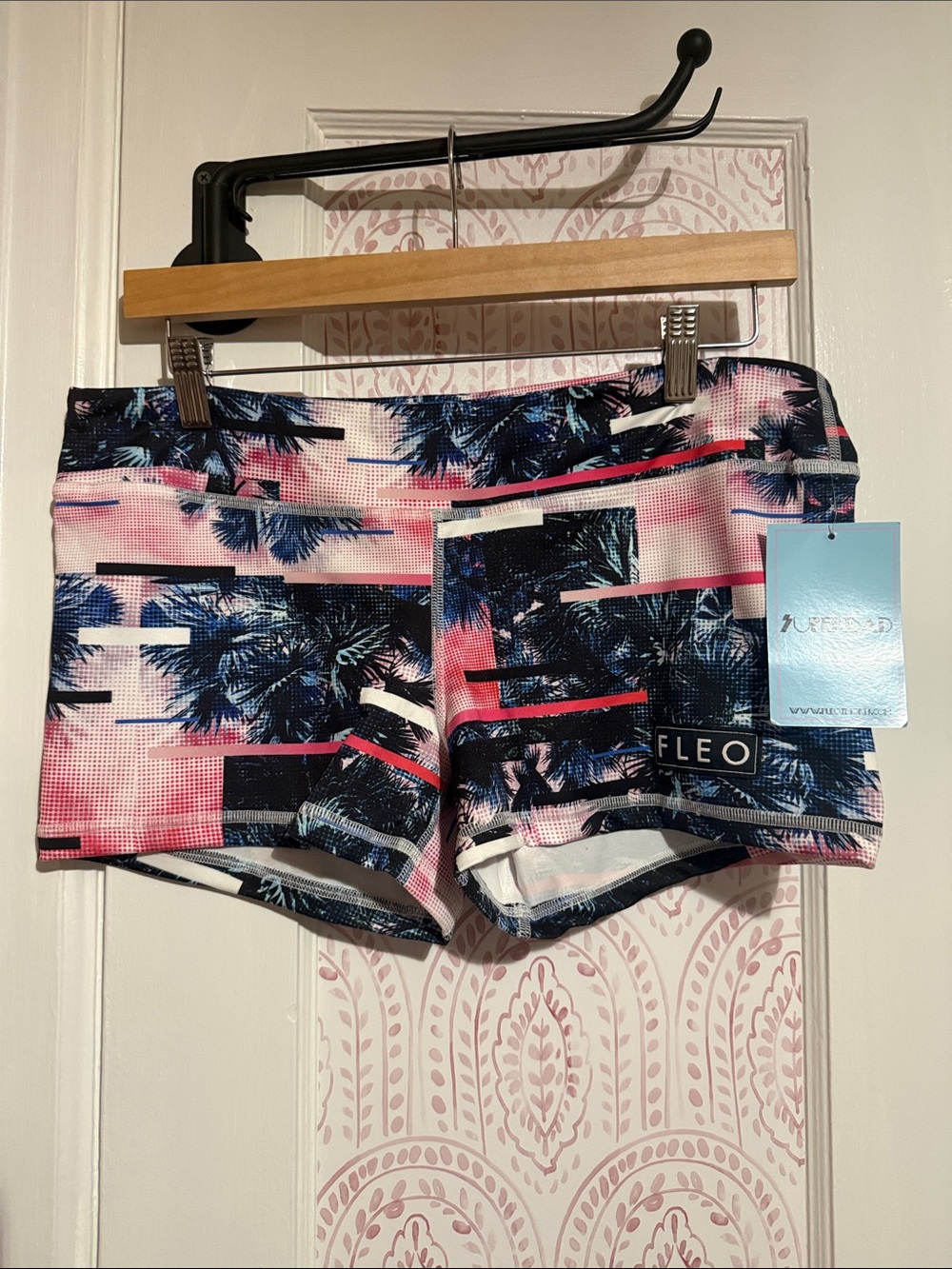 Fleo Women's Palm-Print Athletic Shorts in Pink, Navy & White